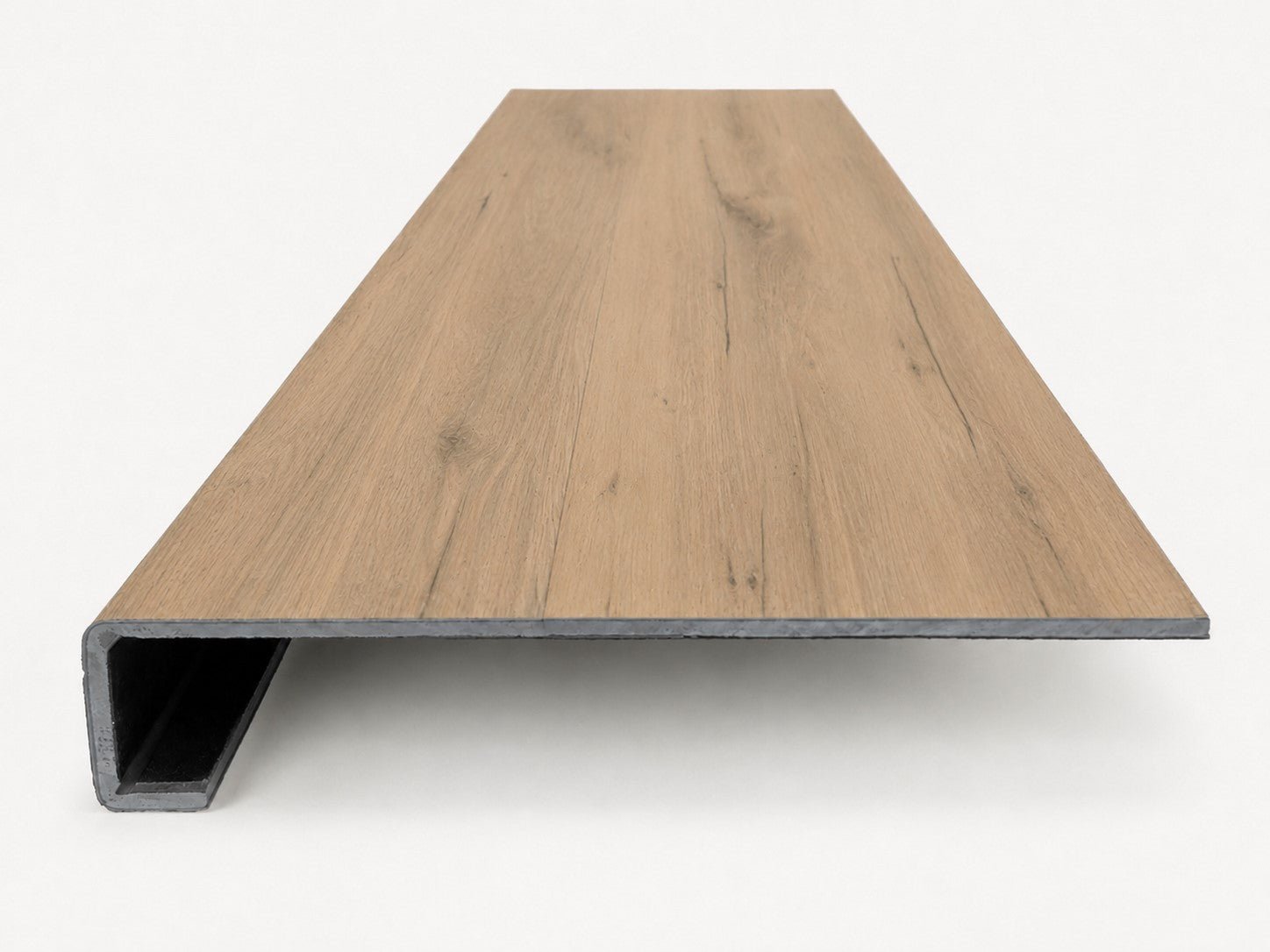 Custom square-nose stair tread made to match LifeProof Westminster Oak flooring. Square profile. Front view.