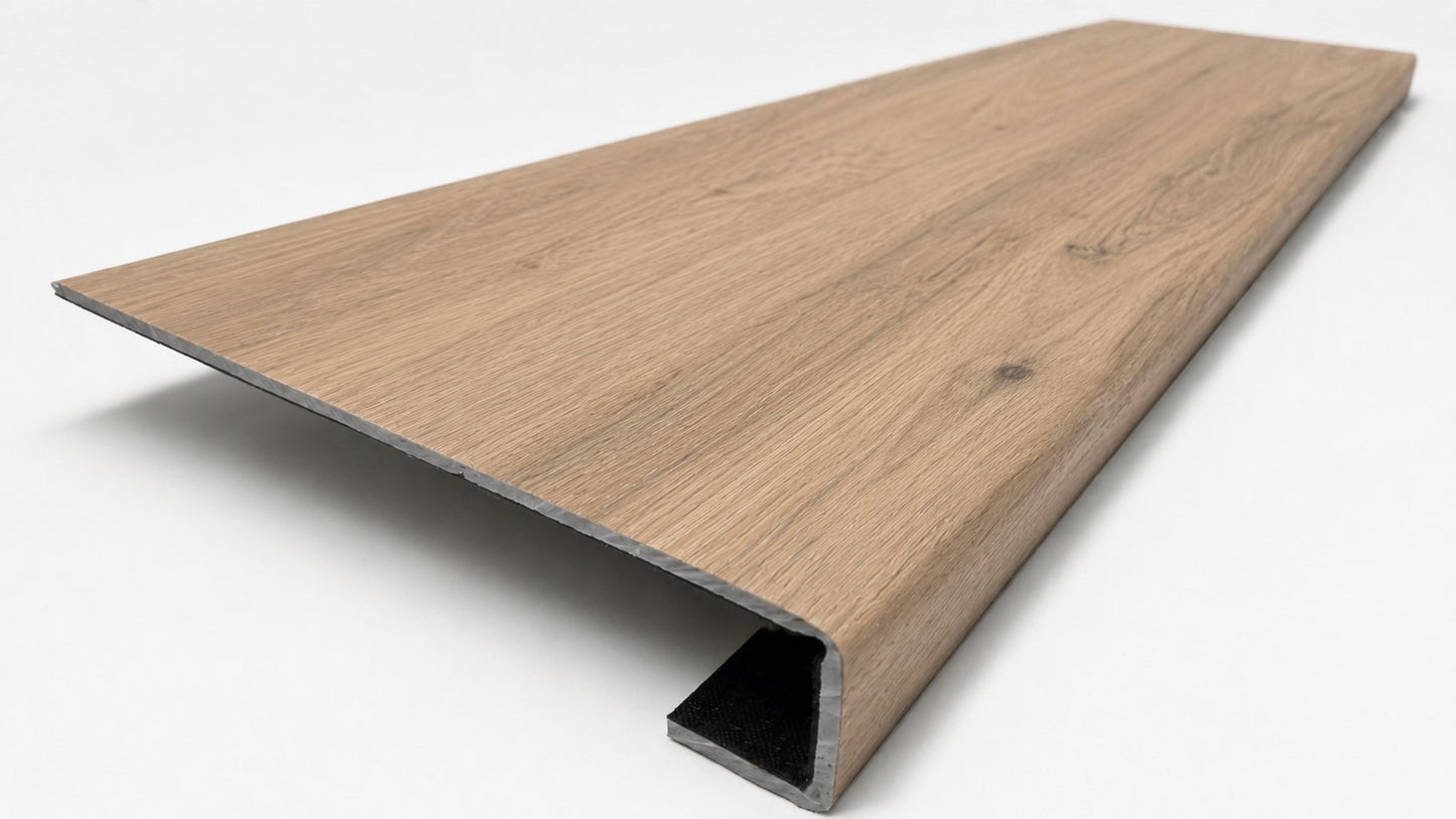 Custom square-nose stair tread made to match LifeProof Westminster Oak flooring. Square profile. Angled view.