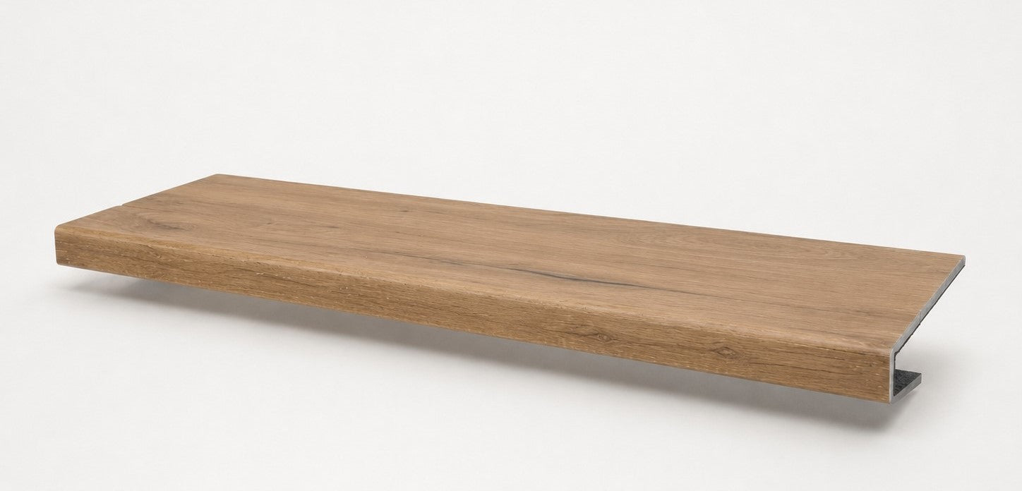 Custom square-nose stair tread made to match LifeProof Westminster Oak flooring. Square profile. Full view