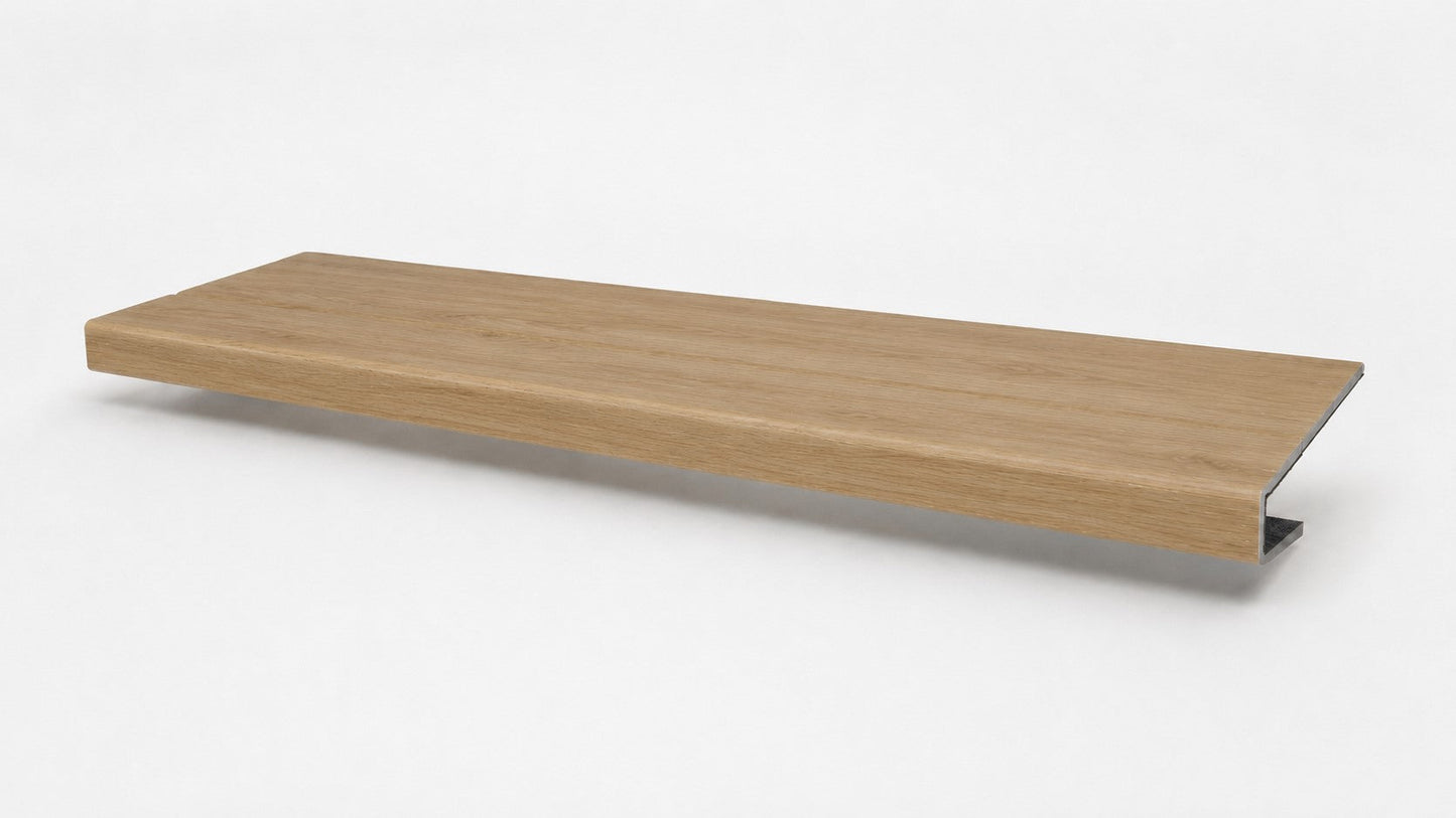 Custom square-nose stair tread made from NuCore Cedar Point flooring. Square profile. Full view.