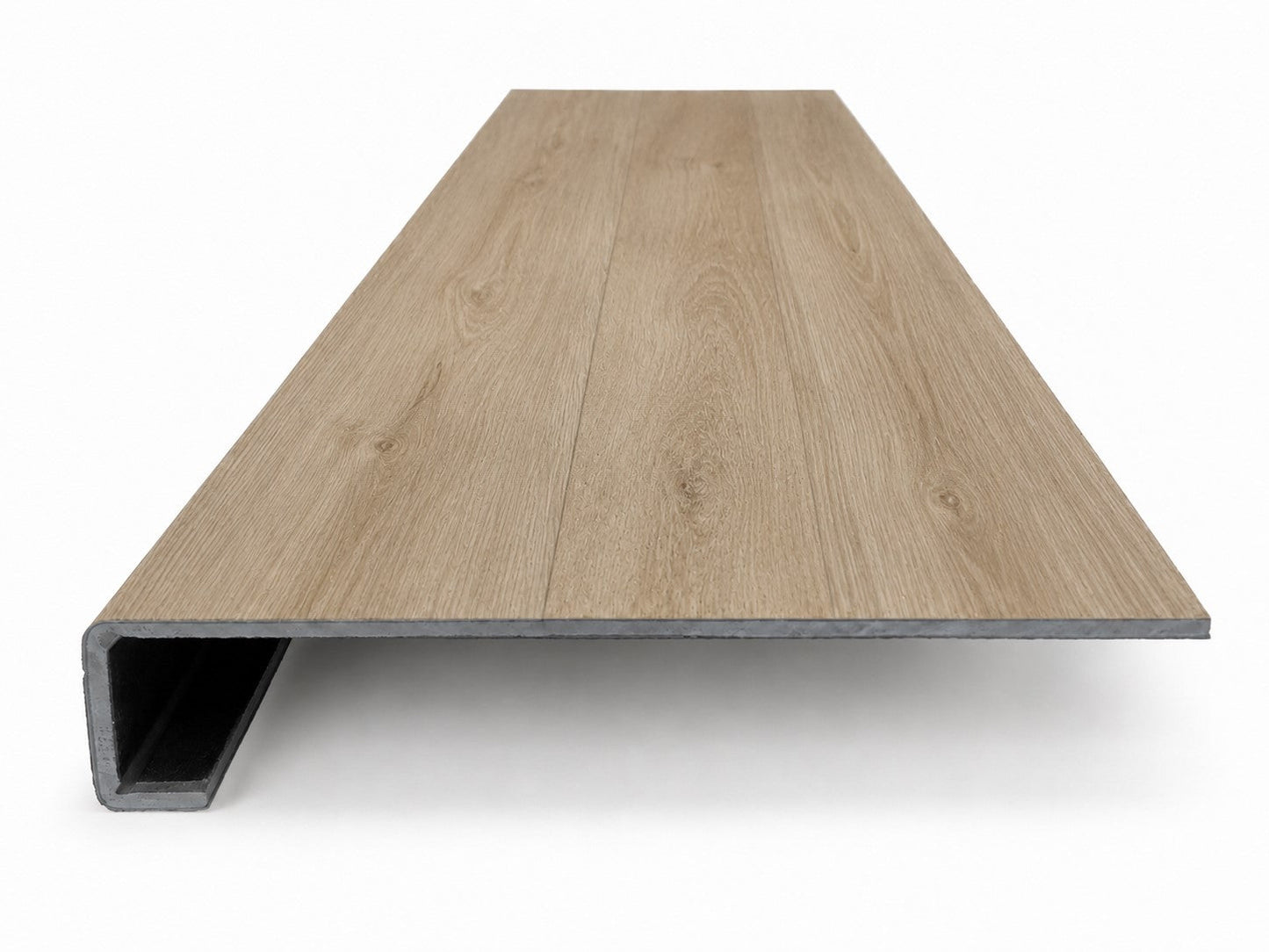 Custom square-nose stair tread made to match NuCore Deerfield Grove flooring. Square profile. Front view.