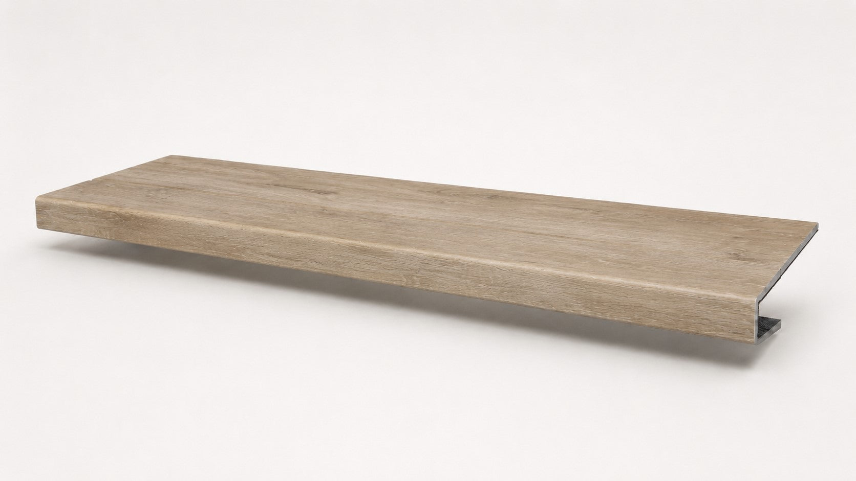 Custom square-nose stair tread made to match NuCore Deerfield Grove flooring. Square profile. Full view.
