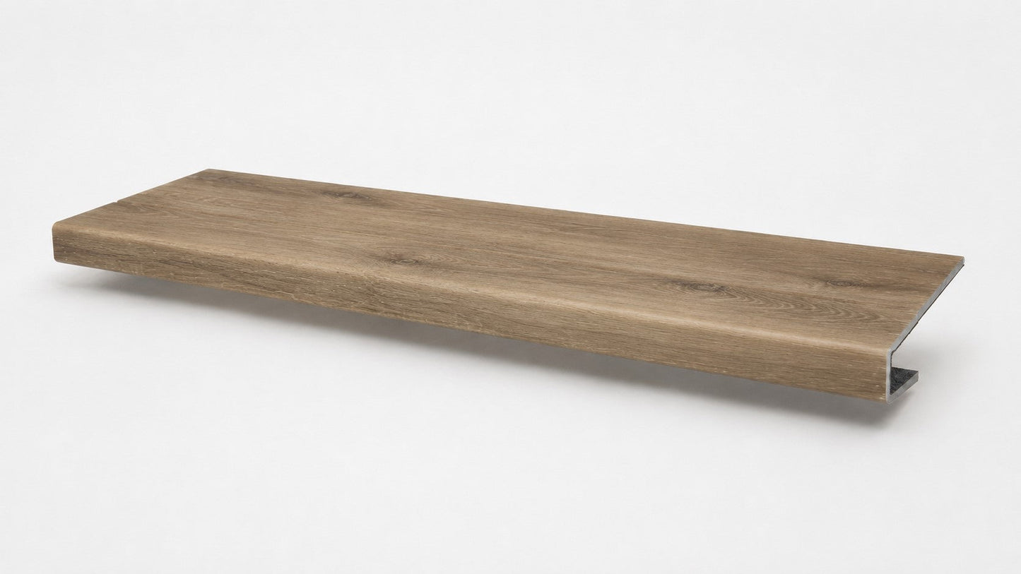 Custom square-nose stair tread made from NuCore Everwood Falls flooring. Square profile. Full view.