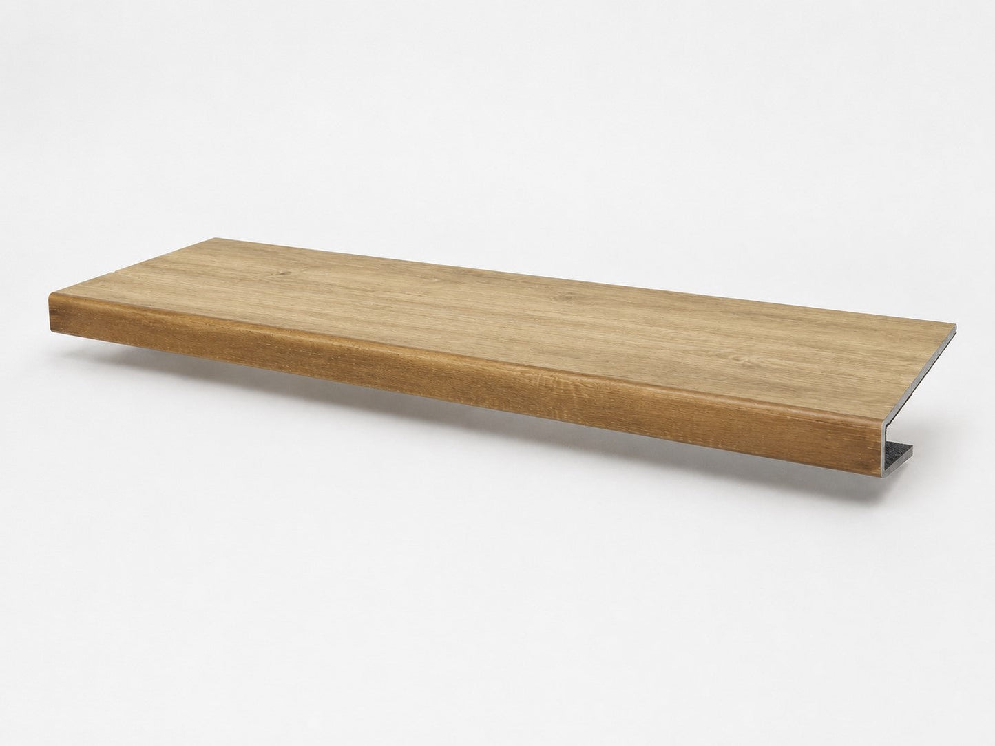 Custom square-nose stair tread made to match NuCore Fairborn Blonde flooring. Square profile. Full view.