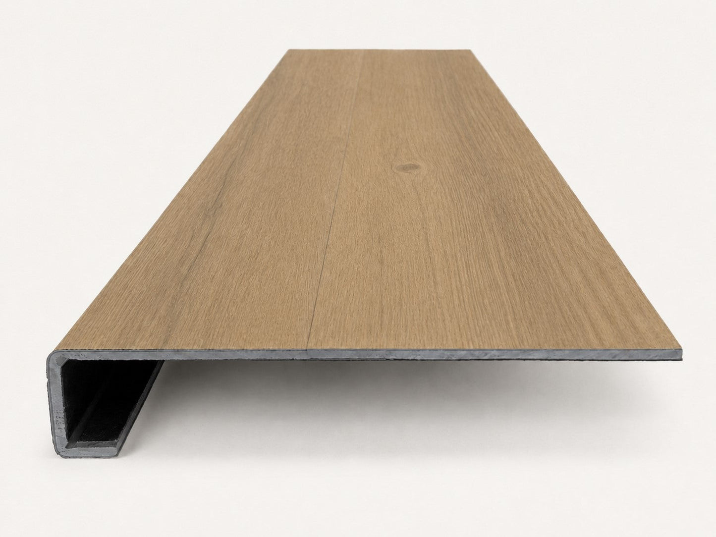 Custom square-nose stair tread made from NuCore Glenridge Oak flooring. Square profile. Front view.