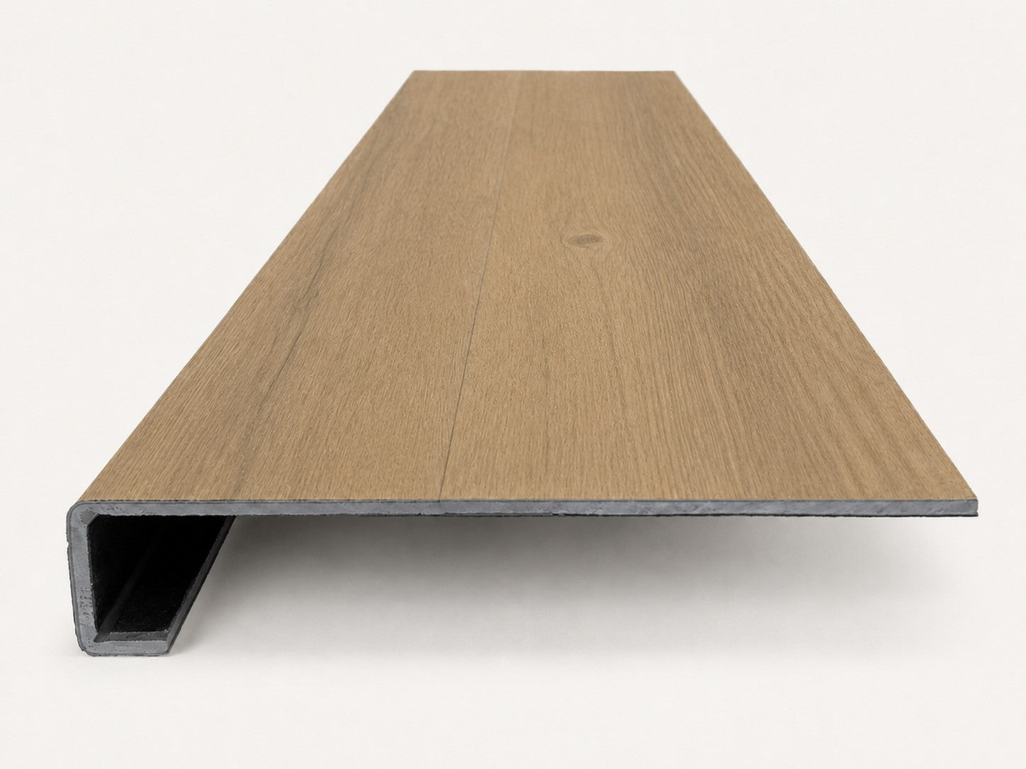Custom square-nose stair tread made from NuCore Glenridge Oak flooring. Square profile. Front view.