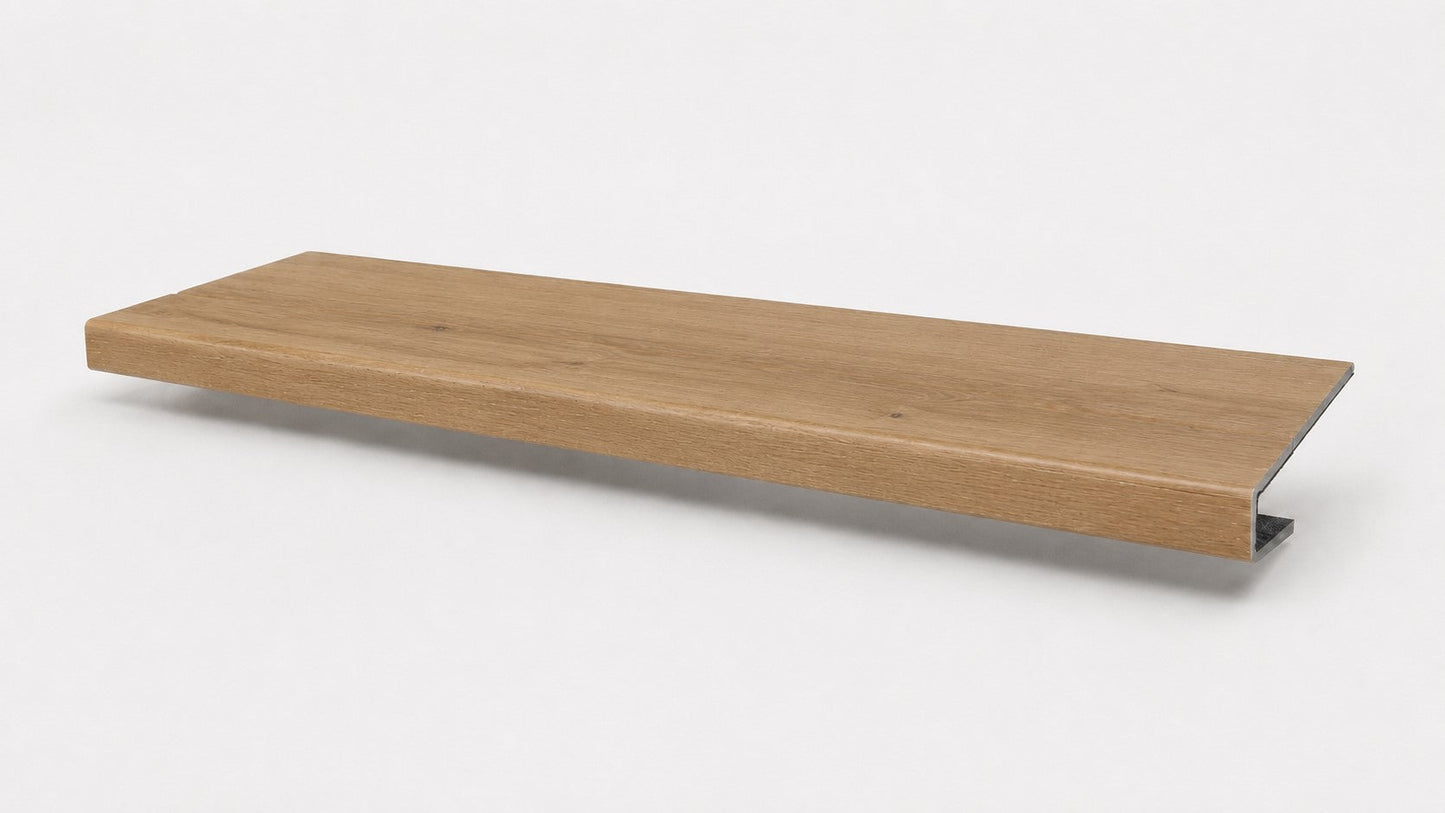 Custom square-nose stair tread made from NuCore Glenridge Oak flooring. Square profile. Full view.