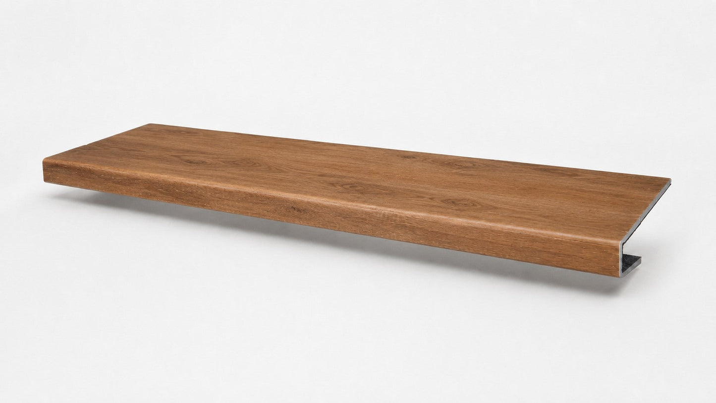 Custom square-nose stair tread made from NuCore Gunstock Oak flooring. Square profile. Full view.