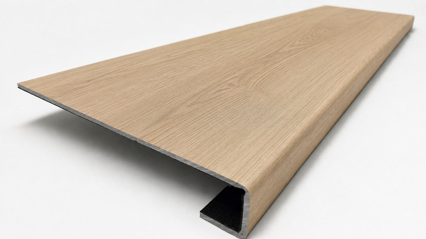Custom square-nose stair tread made from NuCore Nordic Oak flooring. Square profile. Angled view.