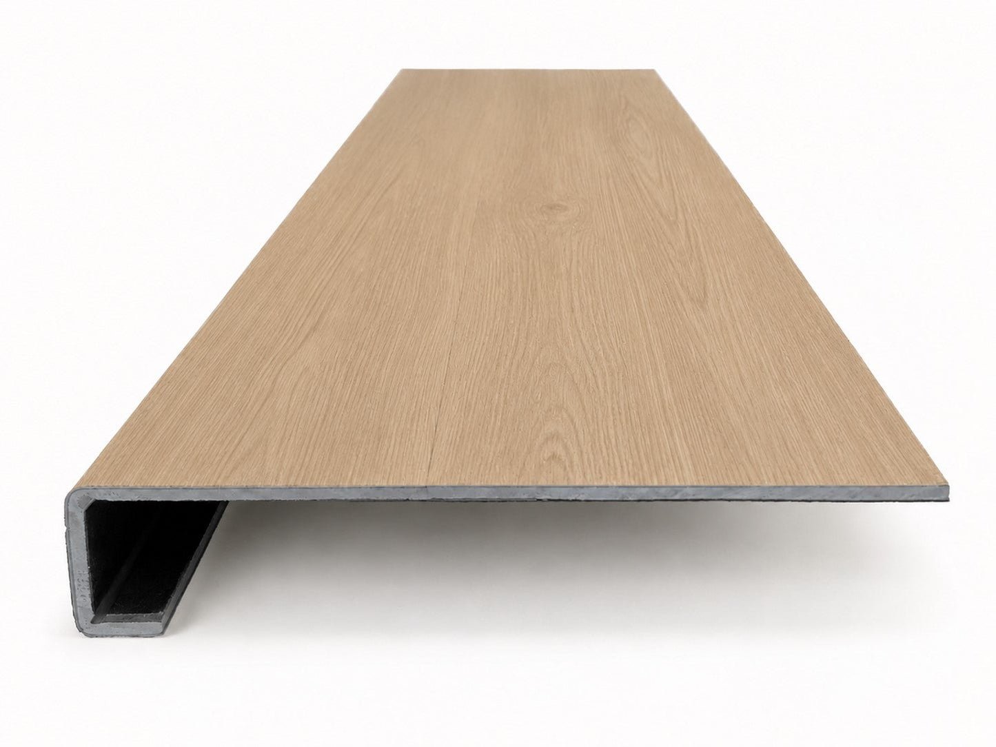 Custom square-nose stair tread made from NuCore Nordic Oak flooring. Square profile. Front view.