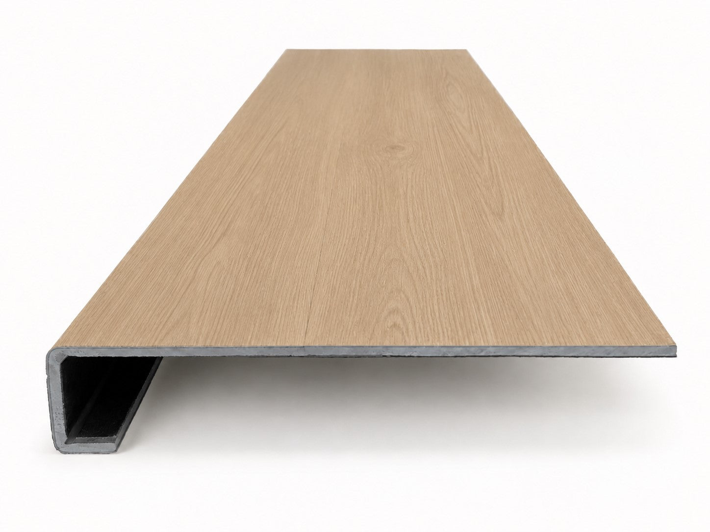 Custom square-nose stair tread made from NuCore Nordic Oak flooring. Square profile. Front view.