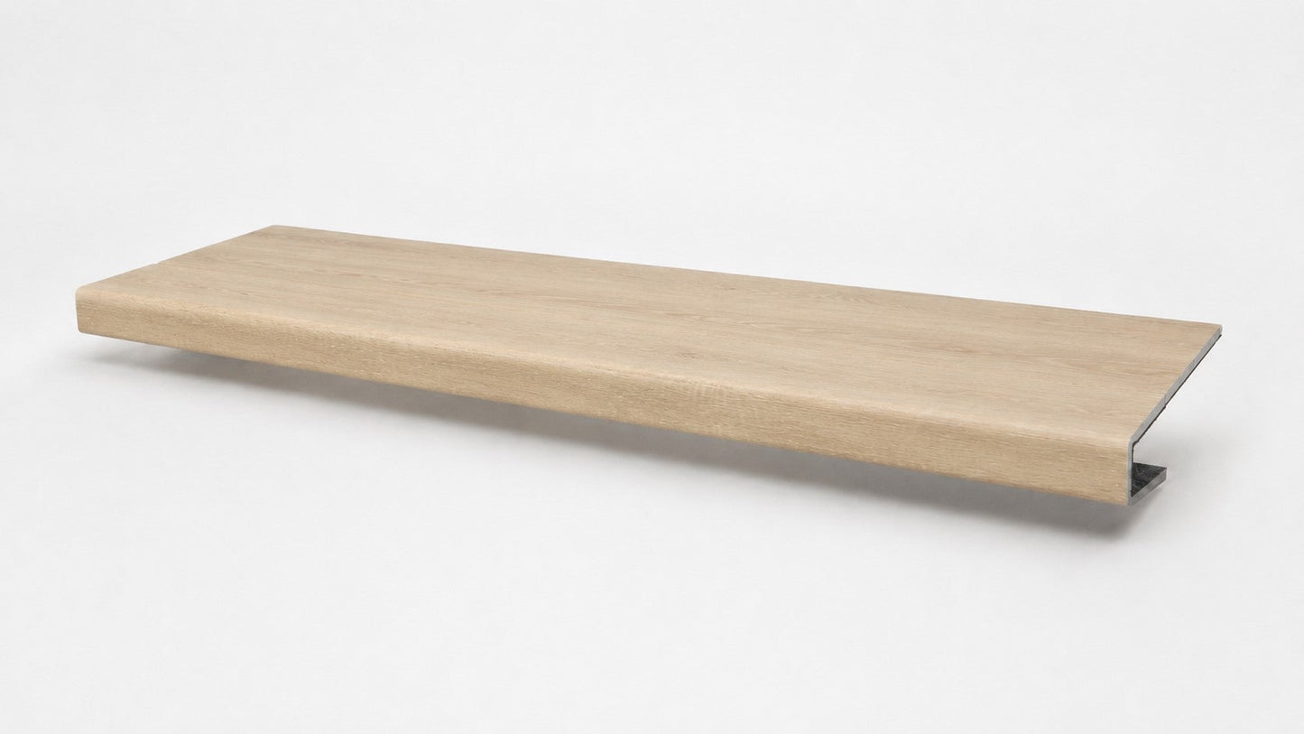 Custom square-nose stair tread made from NuCore Sandbank Point flooring. Square profile. Full view.
