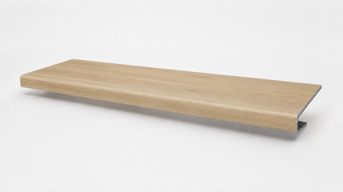 Custom square-nose stair tread made from NuCore Oakleigh Blonde flooring. Square profile. Front view.