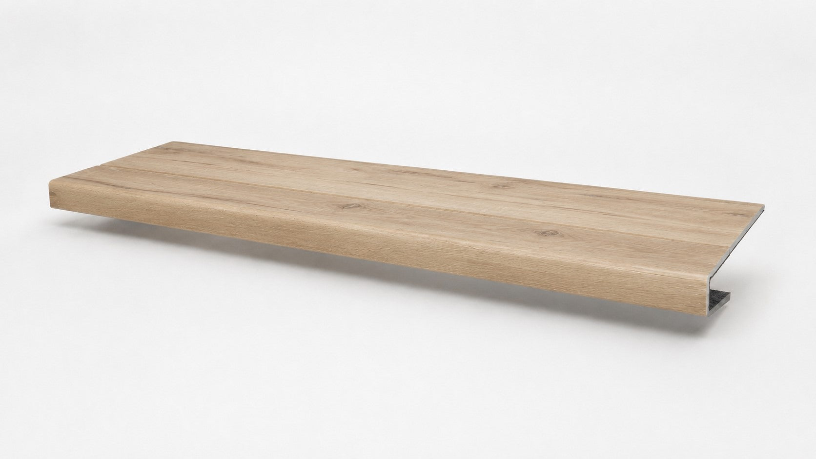 Custom square-nose stair tread made to match NuCore Turner Road flooring. Square profile. Full view.