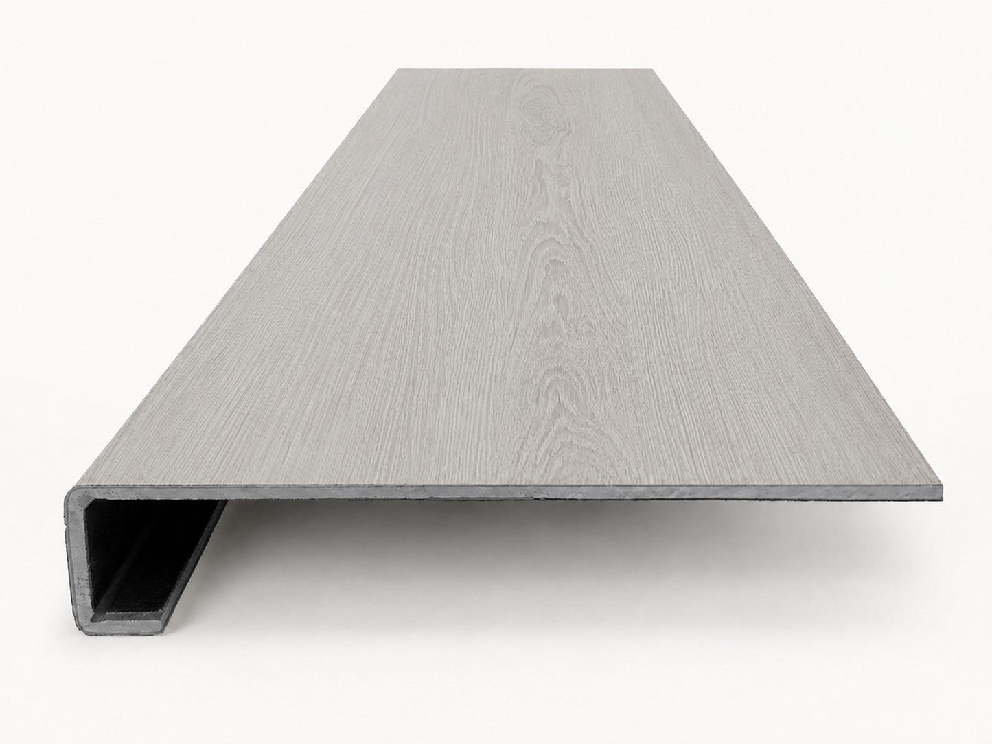 Custom square-nose stair tread made from NuCore Wisteria flooring. Square profile. Front view.