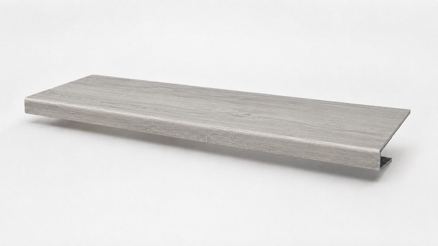 Custom square-nose stair tread made from NuCore Wisteria flooring. Square profile. Full view.