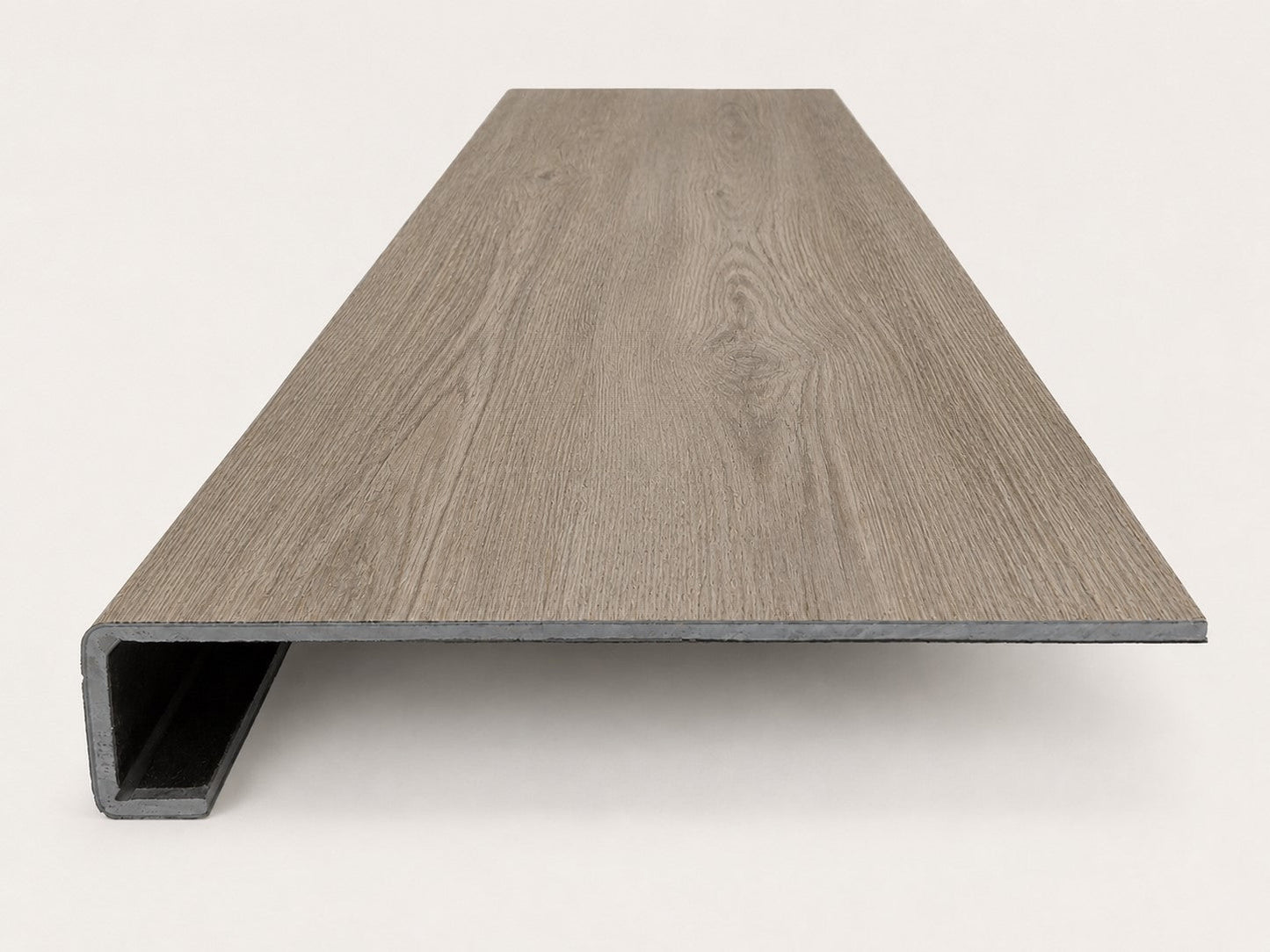 Custom square-nose stair tread made from Style Selections Ashen Oak flooring. Square profile. Front view.