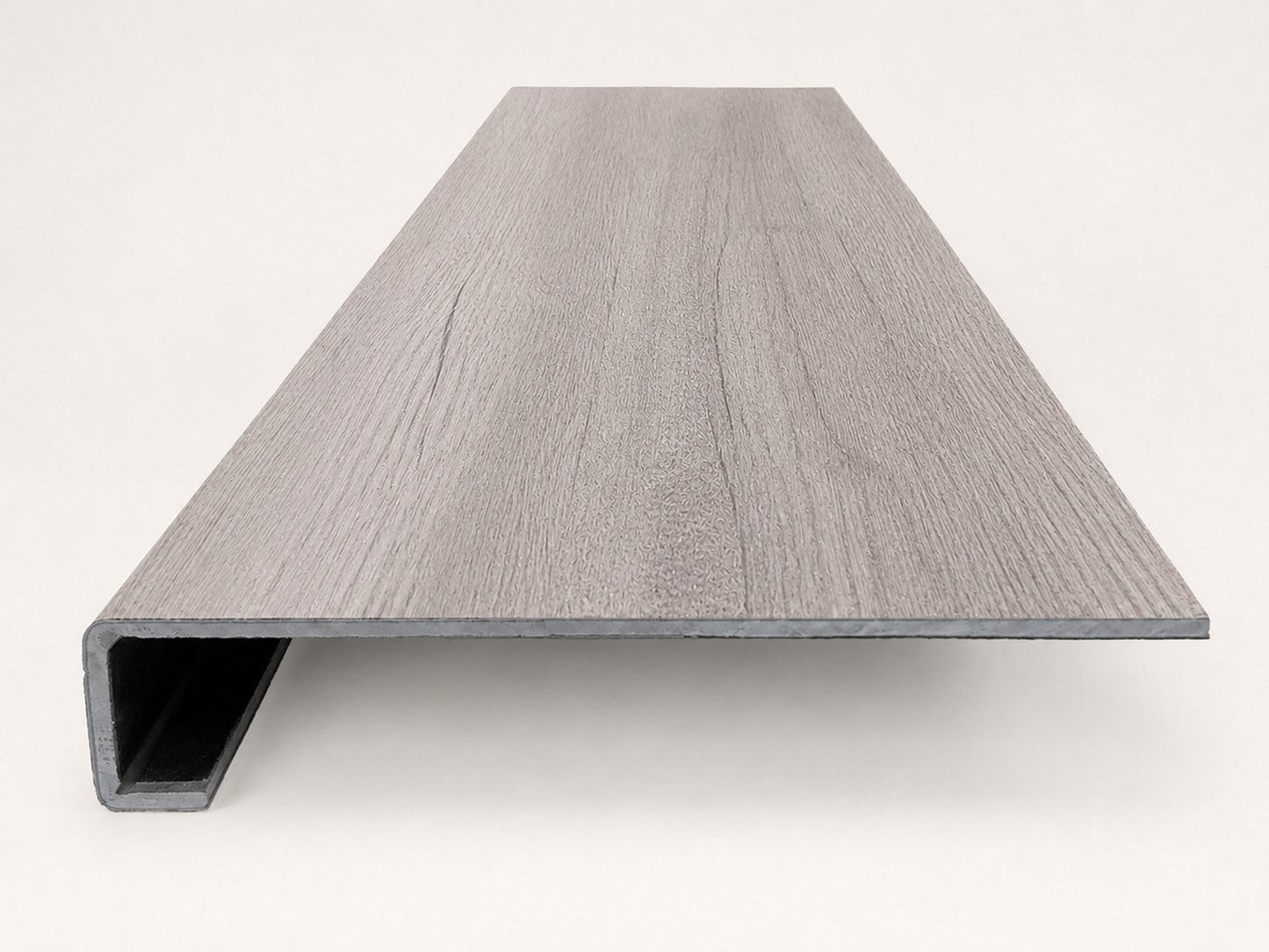 Custom square-nose stair tread made from Style Selections Charleston Oak flooring. Square profile. Front view.
