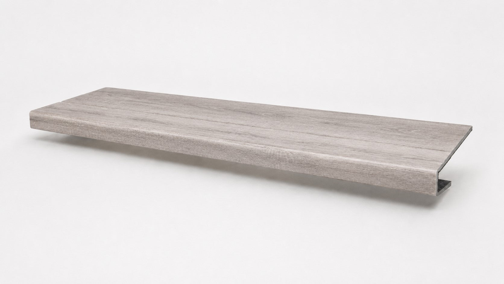 Custom square-nose stair tread made from Style Selections Charleston Oak flooring. Square profile. Full view.