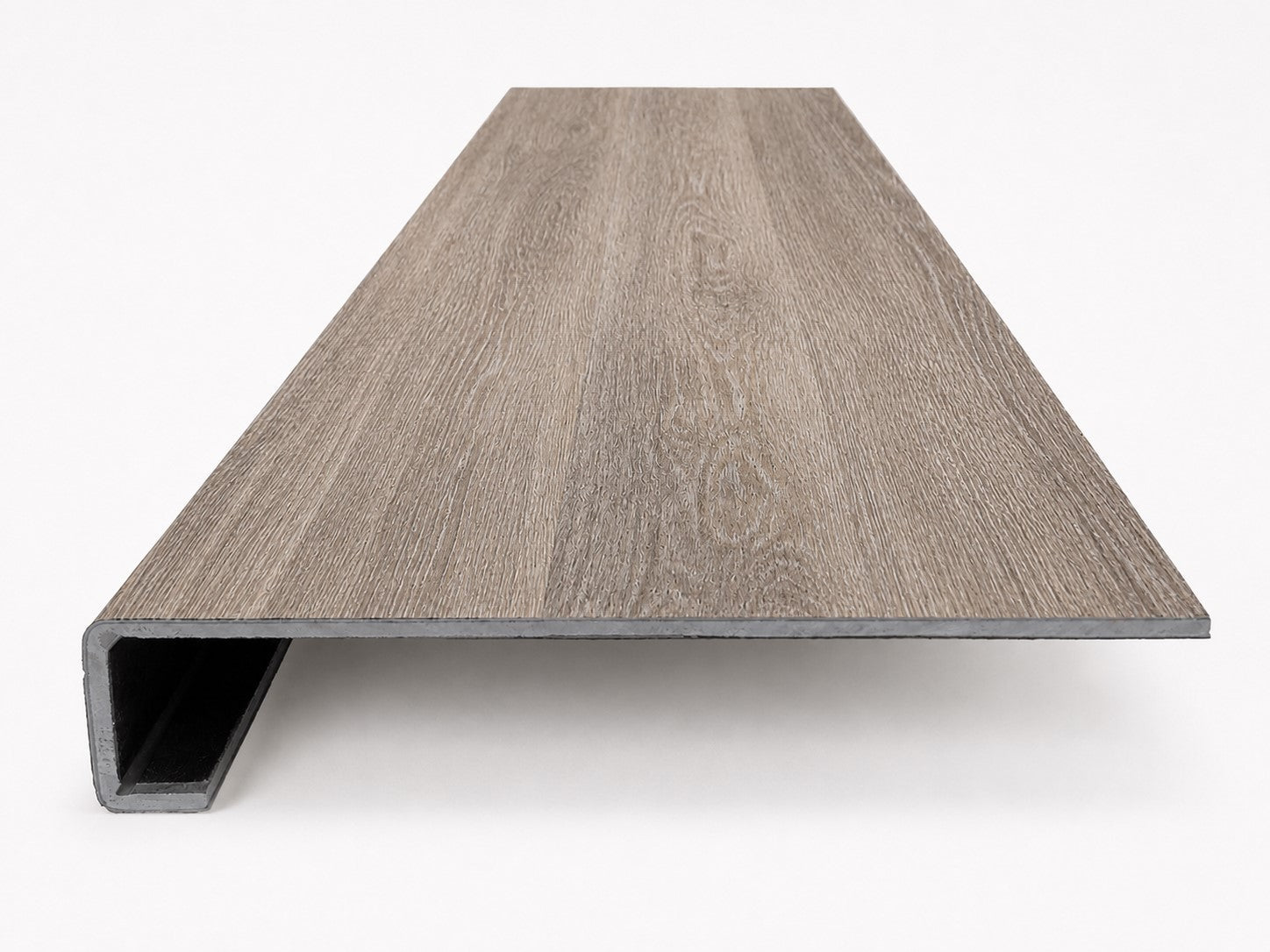 Custom square-nose stair tread made from Style Selections Dove Tail Oak flooring. Square profile. Front view.