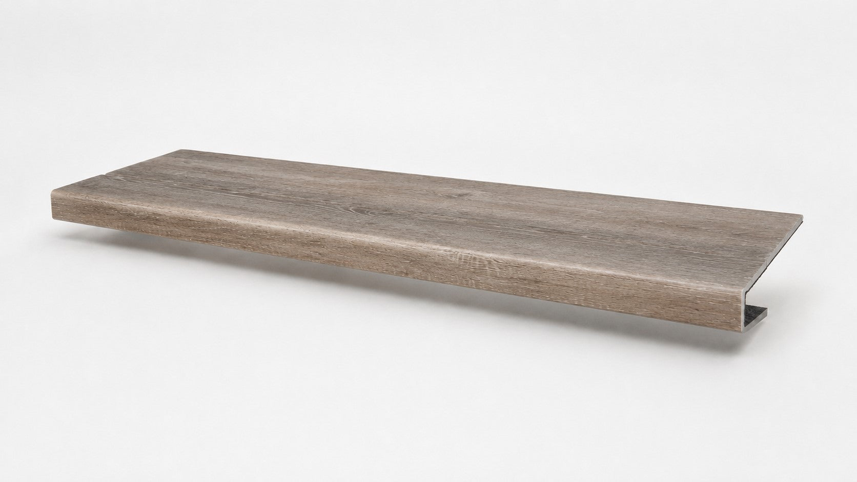 Custom square-nose stair tread made from Style Selections Dove Tail Oak flooring. Square profile. Full view.