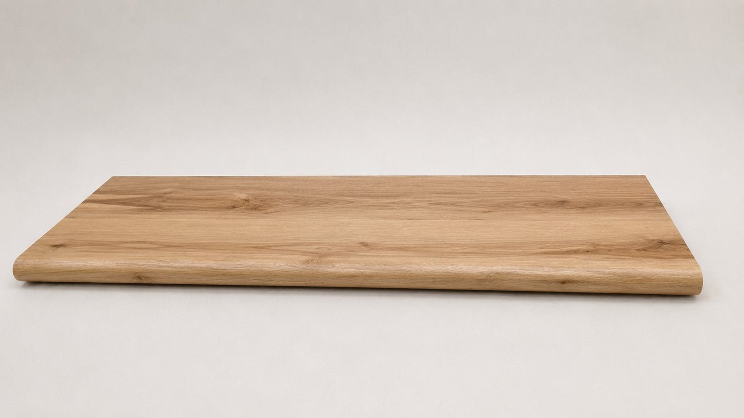 Custom round-nose stair tread made from Style Selections Jamestown Hickory flooring. Round profile. Full view.