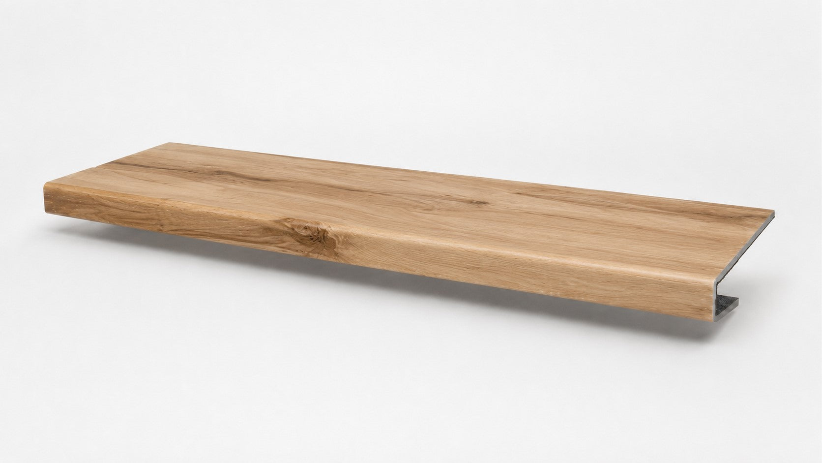 Custom square-nose stair tread made from Style Selections Jamestown Hickory flooring. Square profile. Full view. 