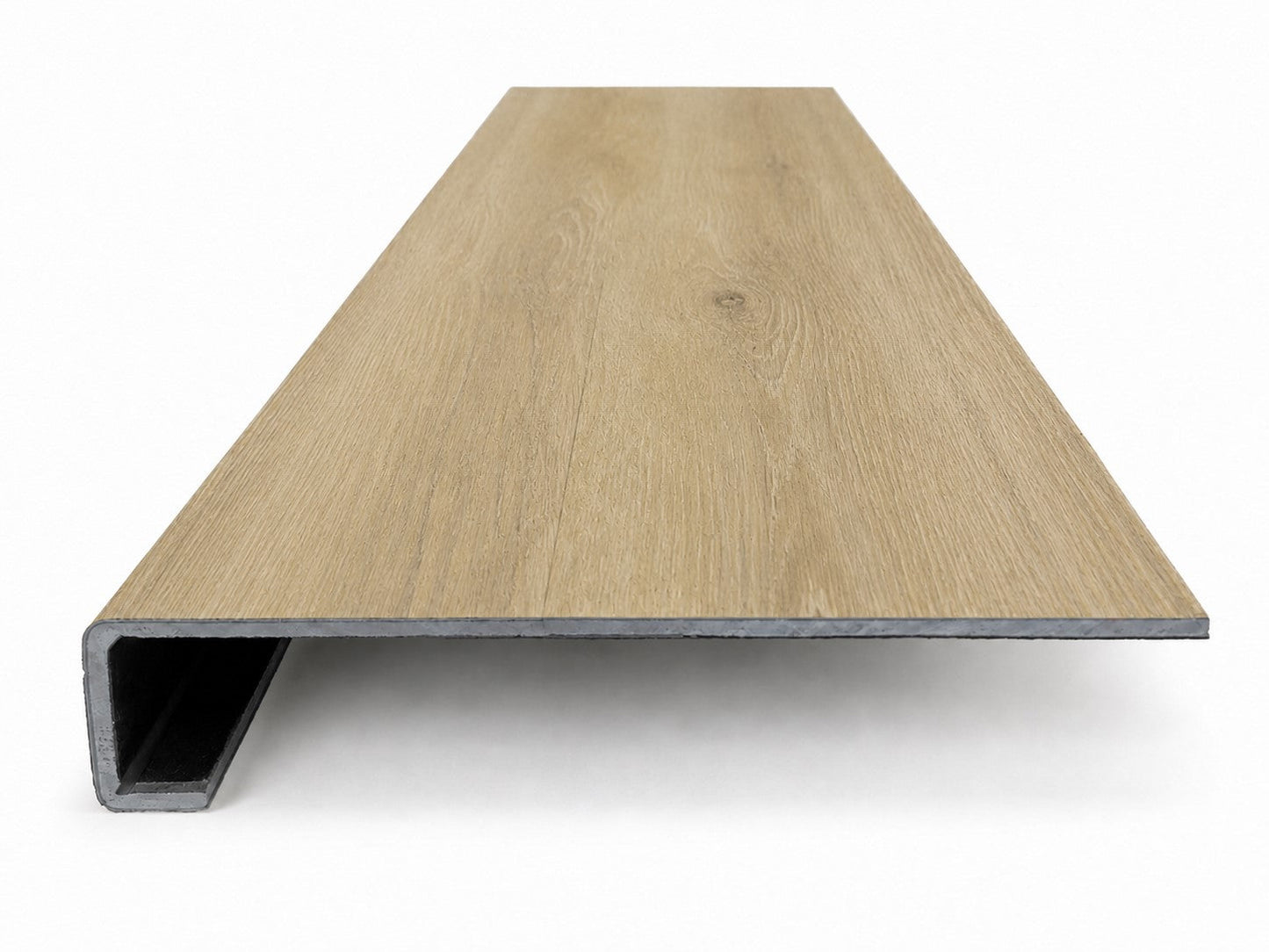Custom square-nose stair tread made from Style Selections Natural Hickory flooring. Square profile. Front view.