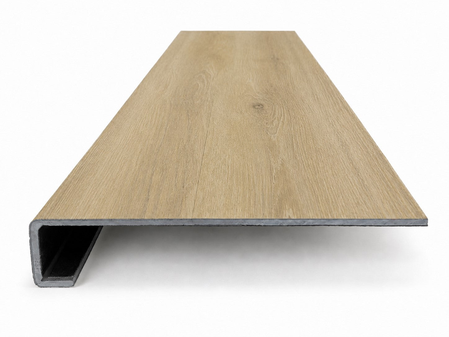Custom square-nose stair tread made from Style Selections Natural Hickory flooring. Square profile. Front view.