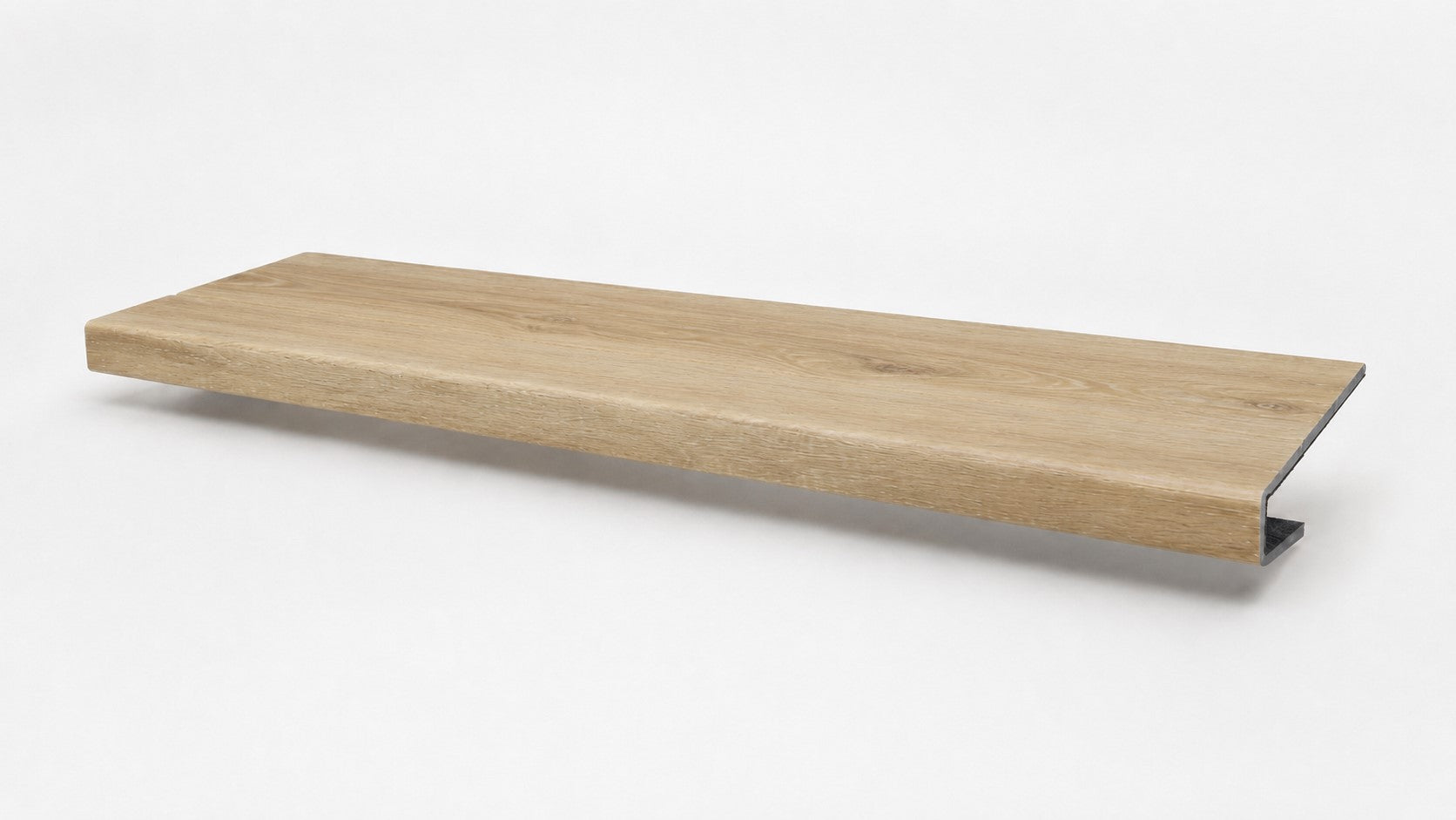 Custom square-nose stair tread made from Style Selections Natural Hickory flooring. Square profile. Full view.