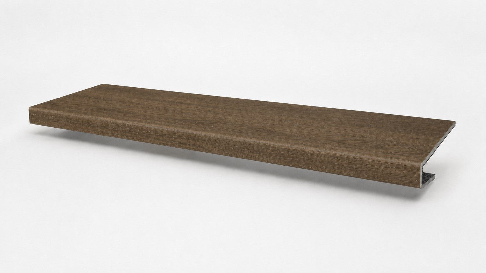 Custom square-nose stair tread made from Style Selections Tudor Oak flooring. Square profile. Full view.