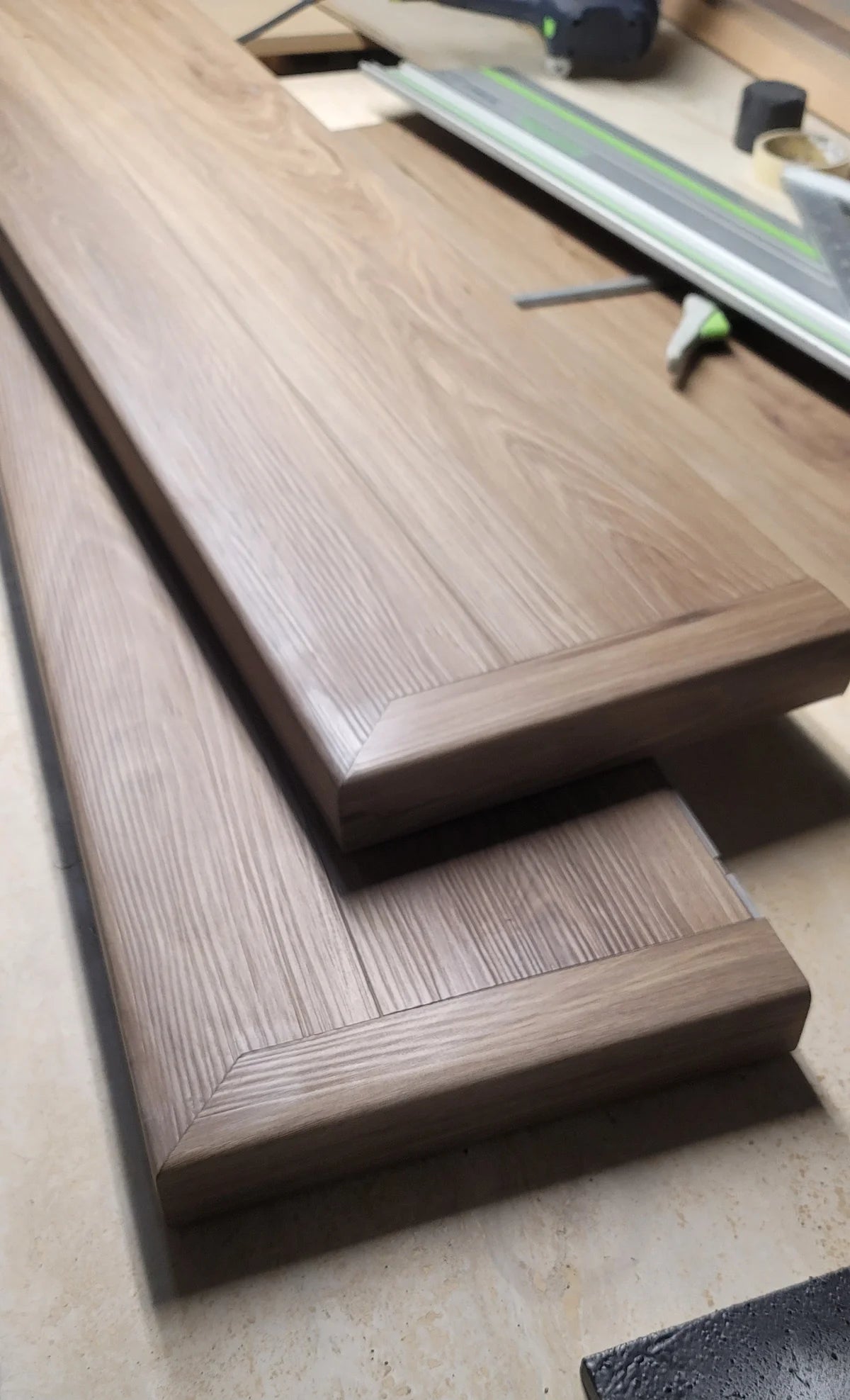 Two Timeless Beauty Ellington Open Stair Treads stacked together.