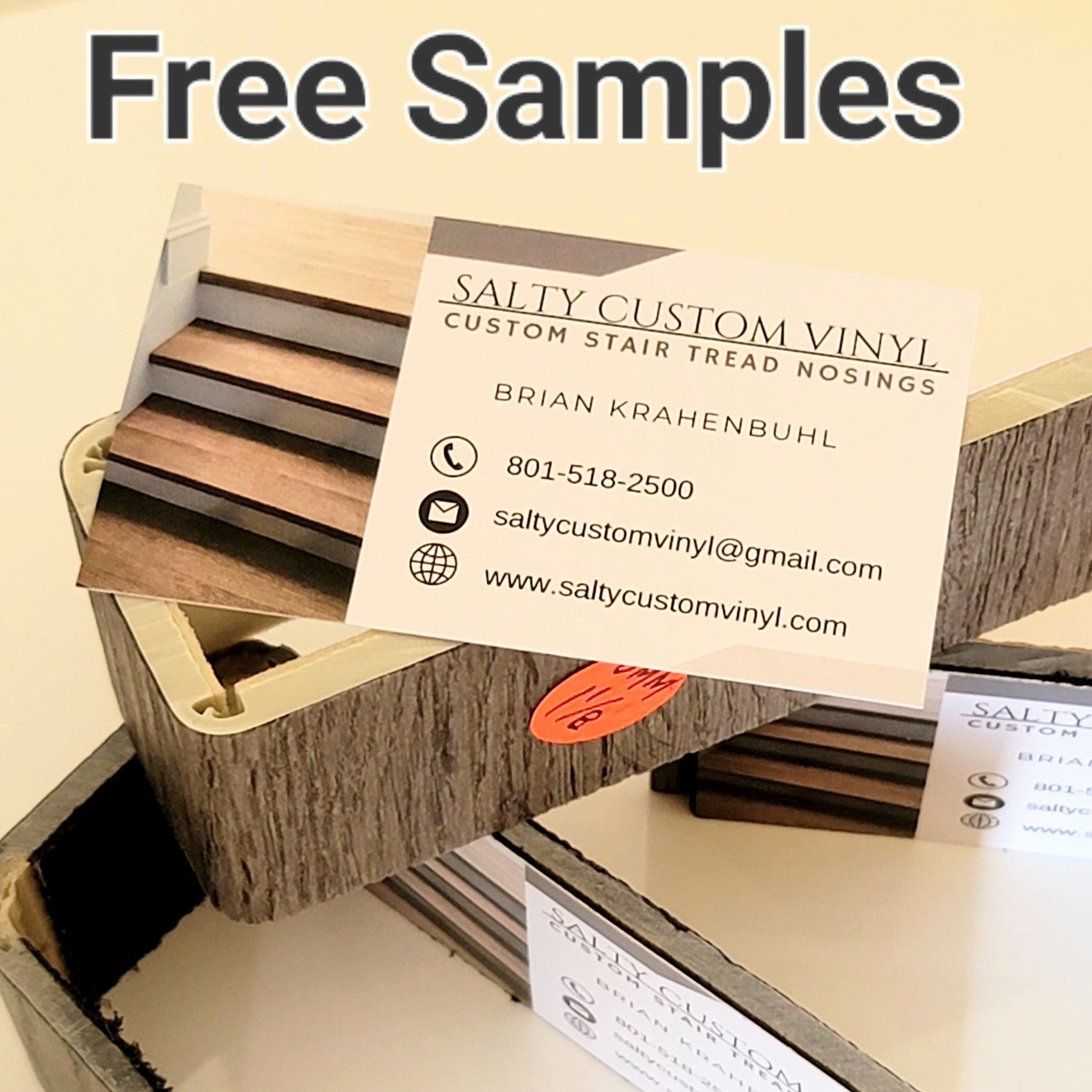 Free stair nosing samples made from end cuts of vinyl, laminate, and EVP flooring, available from previous custom orders